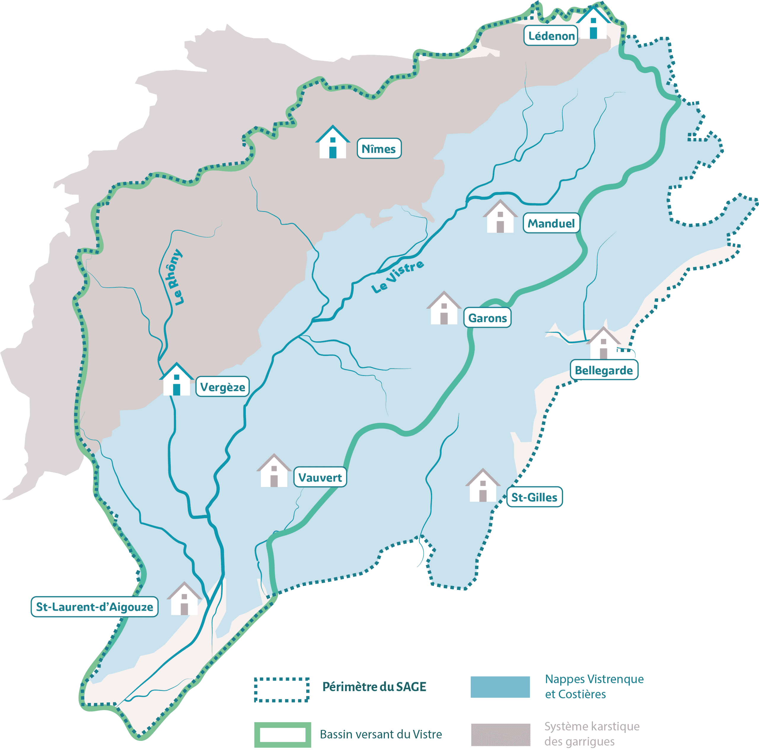 Périmètre du SAGE Vistre Nappes Vistrenque et Costières, comprenant le bassin versant du Vistre et nappes Vistrenque et Costières